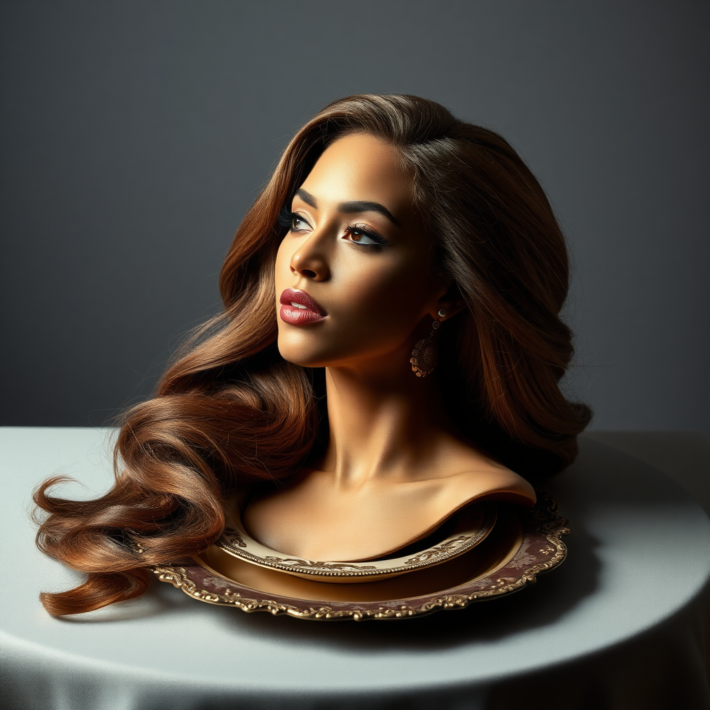 In a surreal and striking scene, the elegantly styled disembodied head of a stunningly beautiful Beyoncé rests gracefully on an ornate, luxurious plate, which is carefully placed on a simple, understated table. Her very long, flowing hair cascades like a rich waterfall of silky, rich brown locks, framing her exquisite face and accentuating her radiant, flawlessly glowing skin. The delicate contours of her chin rest lightly against the polished surface of the plate, lending an unexpected intimacy to the bizarre presentation. 

The background is a muted, plain gray, casting an air of modern minimalism that contrasts dramatically with the lavishness of her appearance. Soft shadows play across her features, highlighting the subtle high cheekbones and perfectly shaped lips, which seem poised for a soft smile. The atmosphere feels both elegant and eerie, inviting intrigue and contemplation as viewers are drawn into this surreal artistic tableau, where beauty and the absurd collide in unexpected harmony.