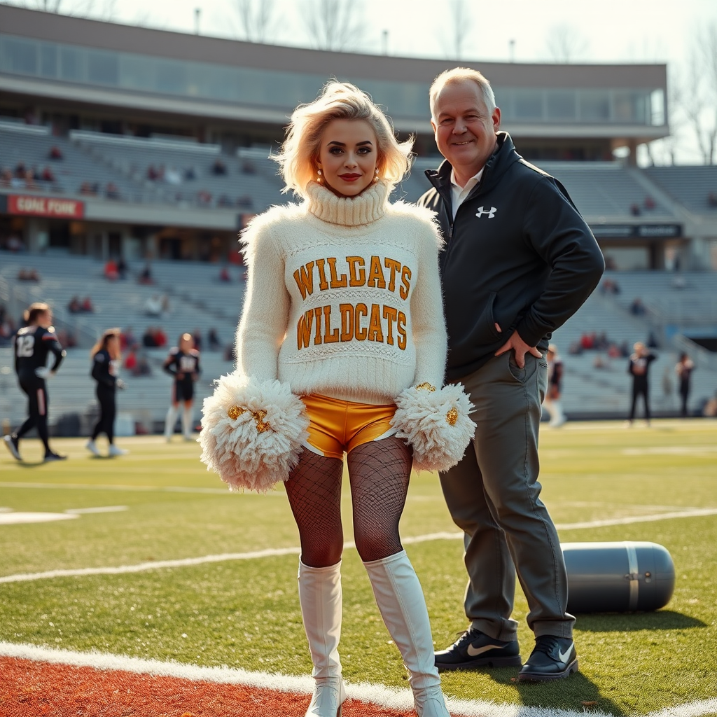 Sunny cold fall noon, college football stadium game, cheerleaders leader squat: Ana, European 17 years old very convincing femboy “QB’s trophy-bimbo”, tamed servile docile, very beautiful feminine flawless face, rather short boyish figure, platinum blond short tight curls, bold red lips, heavily made-up face, fluffy very fuzzy bright white plushy hazy thick angora turtleneck-sweater with “gold “WILDCATS” letters, vinyl gold short shorts, mesh pantyhose, white vinyl thigh-high boots with golden heels, large gold-white pompoms, pearl earrings, standing, shoulders slightly arched back to present her assets, posing for photo with Hank: older tall overweight male football coach, wearing college football coach outfit, triumphant smile, nimbly patting Ana. Jealously watching from behind: very angry wildcat’s QB.