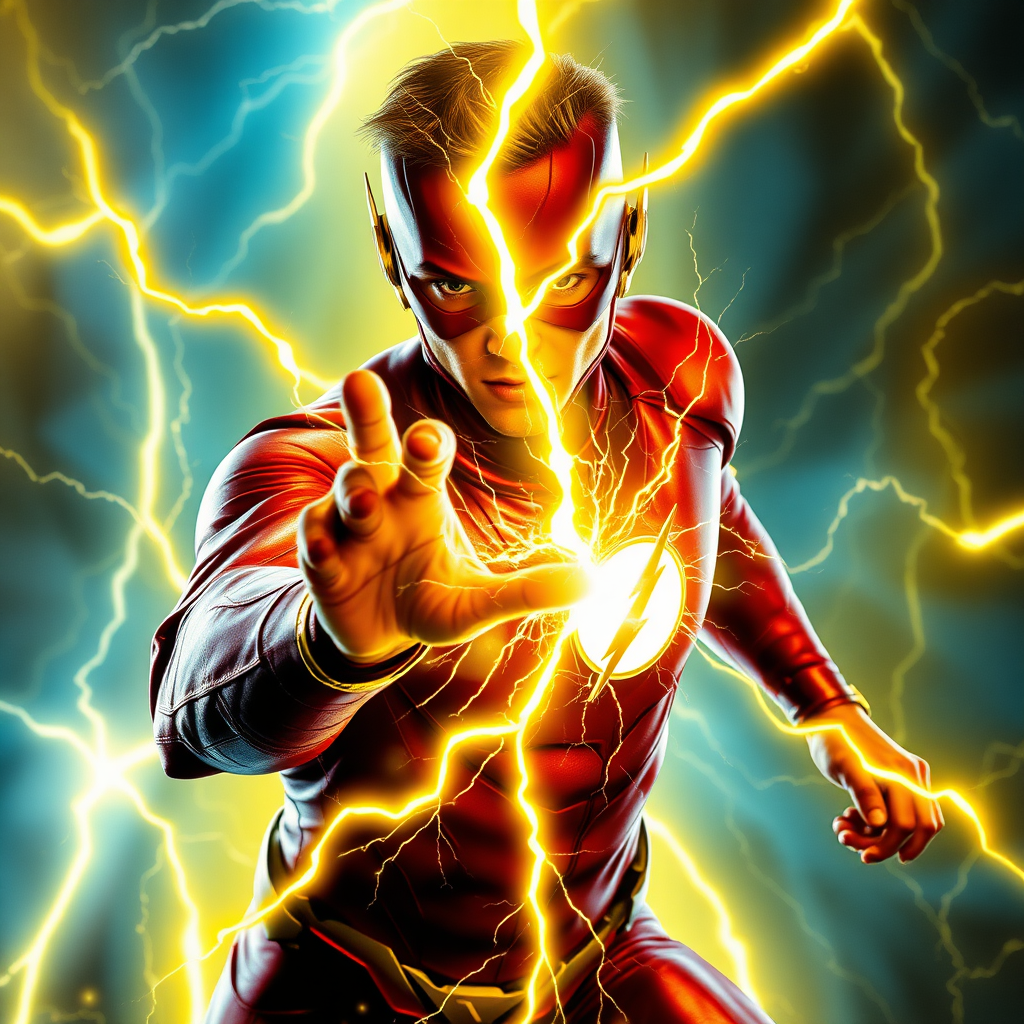 Grant Gustin's Flash, inside the surreal Speed Force, channels immense energy through his hands as he hurls a bright yellow lightning bolt. The crackling, electric energy pulses from his fingertips, illuminating the surrounding area with a cinematic glow. The vibrant yellow bolt arcs across the Speed Force’s warped, ethereal environment, splitting through the electric-blue haze with explosive detail. Flash's red suit gleams with hyper-detailed realism, the texture of his suit and the veins of energy visible as they pulse through his body, merging with the Speed Force around him. His face is intense, fully immersed in the power coursing through him as he directs the lightning.