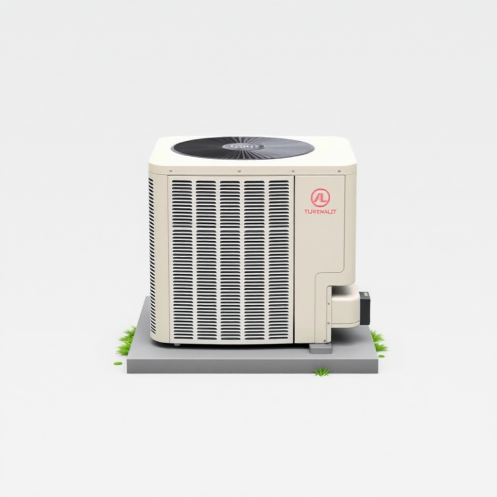 A simple, realistic image of a standard residential outdoor air conditioning unit or condenser. The unit should be placed on a flat surface, such as a concrete pad, and surrounded by some basic landscaping elements like grass, small shrubs, or rocks. The unit should be a neutral color like white, beige, or gray. The image should have a plain, uncluttered background to serve as a generic stock photo.