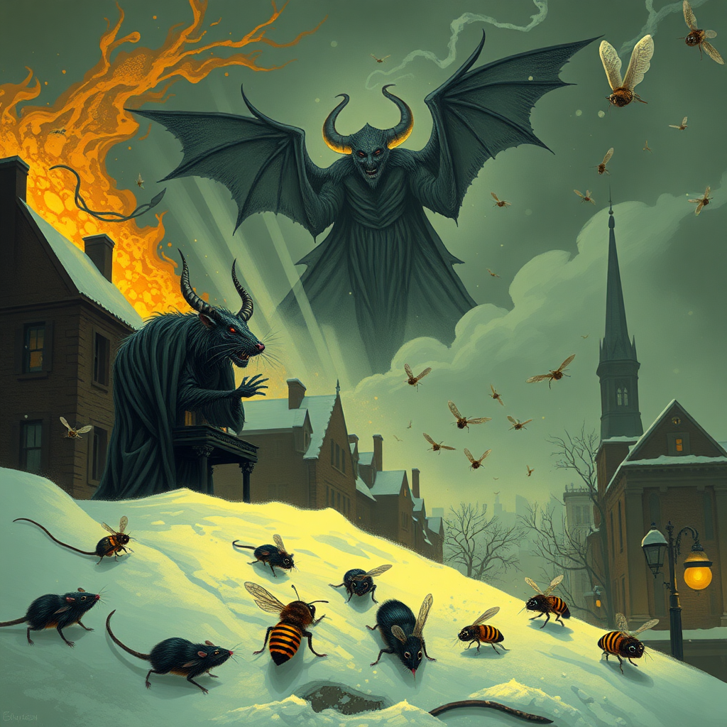 Demon rats invading Boston, Satan, blizzard, honey ad, bees