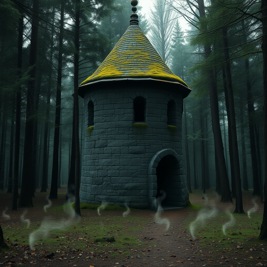 A photo realistic small, old and worn, round, moss covered medieval stone tower in a dark forest clearing with very faint ghost like forms around it