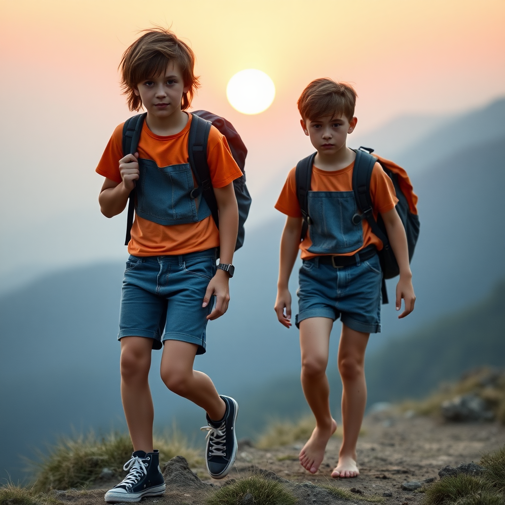 A top model 14yo teen boy, brunette, long layered haircut with a messy hair, wearing a denim tight short shorts, a crop top, Black converse all star shoes, with a hiking backpack on his shoulder, he is helping another 14yo teen boy to walk back to his camp. The second boy is wearing tight short shorts orange inmate outfit, he is dirty, covered with mud, barefoot. They are walking in the mountain, at sunset. Both of the boys are looking at the camera. long legs, bare thighs. Vintage photograph, 1980s.