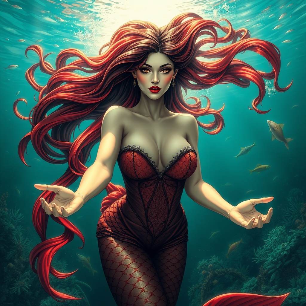 Vampirella as a mermaid underwater amazing loose flowing hair floating in a nimbus around her beautiful face her arms outstretched towards the viewer and she's looking down into the viewer's eyes making intense eye contact. loose fitting diaphanous. Burlesque. Stunning undersea life details plants and fish and other creatures of the sea. Powerful three dimensional graphic effects.