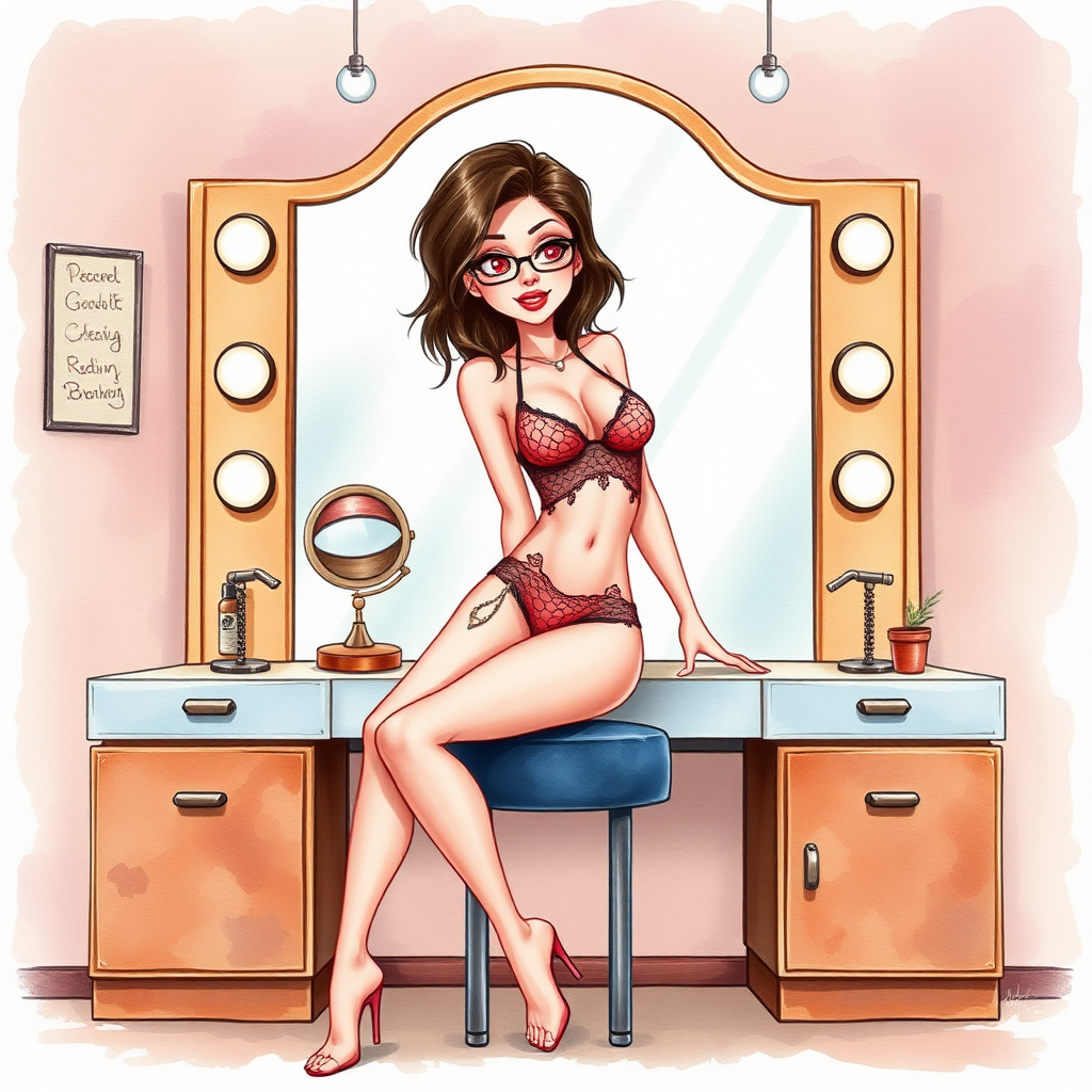 digital watercolor painting illustration with realistic paper texture, depicting western cartoon style sexy cartoon girl in revealing micro mesh bikini gstring thong sitting on built in vanity with her legs open