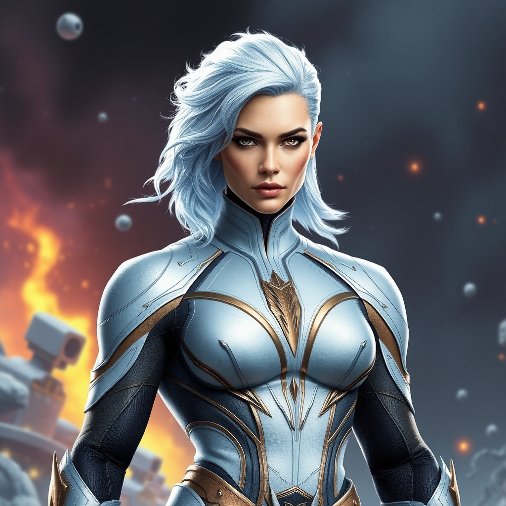 Create a full-length photorealistic image of a composite character combining Emma Frost's head, hairstyle, and facial features with the male body type of Marcus Fenix. Retain Emma Frost's iconic costume, adjusted for the new muscular build. Design a dynamic background that merges elements from both characters' universes, showcasing a blend of Frost's elegant, icy themes and Fenix's gritty, battle-worn environment. Ensure the final image captures the essence of both characters while presenting a unique, cohesive look.