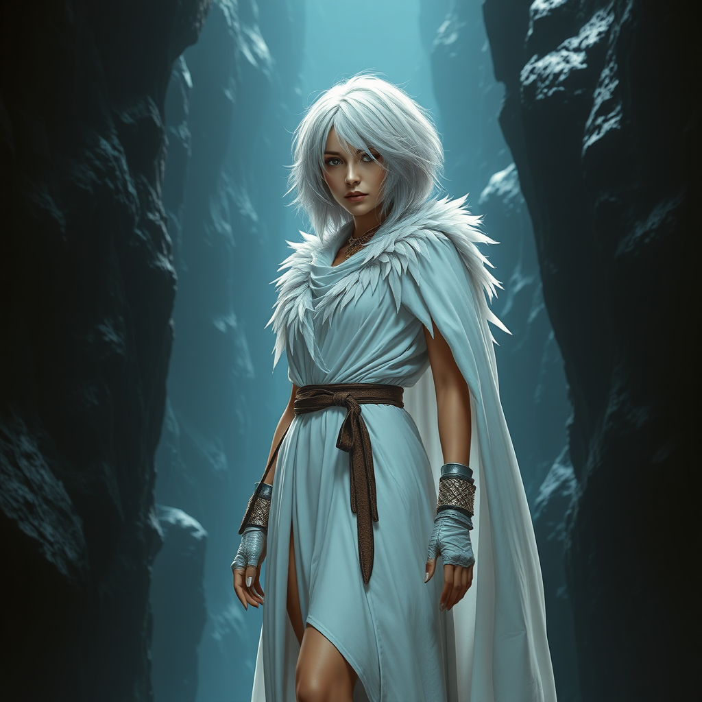 A female like (Ana de Armas). Messy shoulder-length white hair. White robe, feathers, cloak, high heel ankle boots. Chasm in Ultima Underworld. Photorealistic digital matte painting, highly detailed, film grain, lens flare.