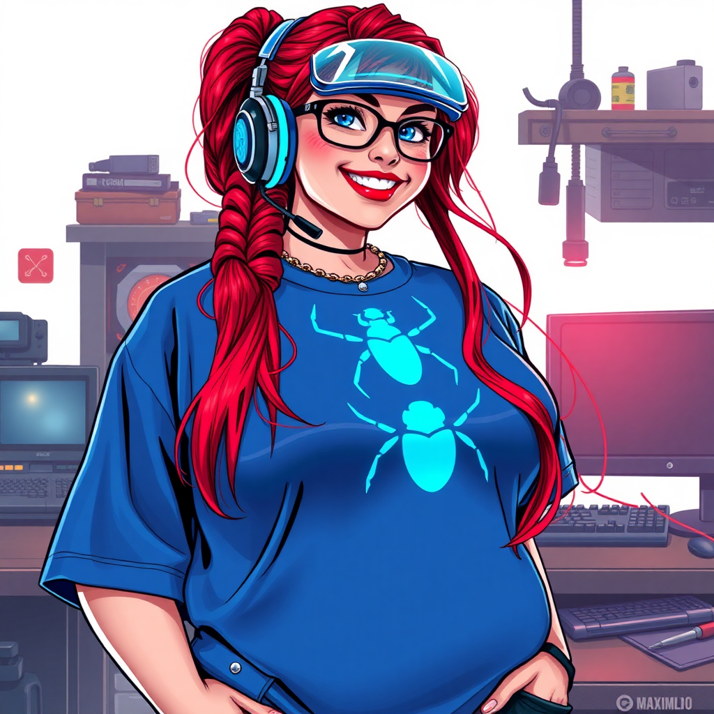 A cyberpunk vigilante’s full-figured intelligent and tech-savvy 29-year-old girlfriend, who is a computer hacker and tech genius. She has a long ruby red ponytail and bright blue eyes. She wears a sapphire beetle gemstone necklace, and an oversized maximum blue t-shirt featuring a giant neon blue glowing icon of a beetle on its chest. She has a full-figured physique with a prominently, gargantuan, round midsection, reflecting her well-cared-for lifestyle. The midsection is heavily emphasized. She sports a sapphire headset with hi-tech maximum turquoise lensed HUD visor, black eyeglasses, and a beaming smile with a passionate bright red blush. Despite her figure and a lack of self-esteem, she radiates an air of beauty. She has a slim face which contributes to her radiant beauty. She serves as his tech expert from his hideout, dutifully working at her workshop with a computer desk and tool bench. The background is solid white. She is drawn as if she was in a retro 2D cyberpunk fighting game. Ensure her shirt covers her round midsection.