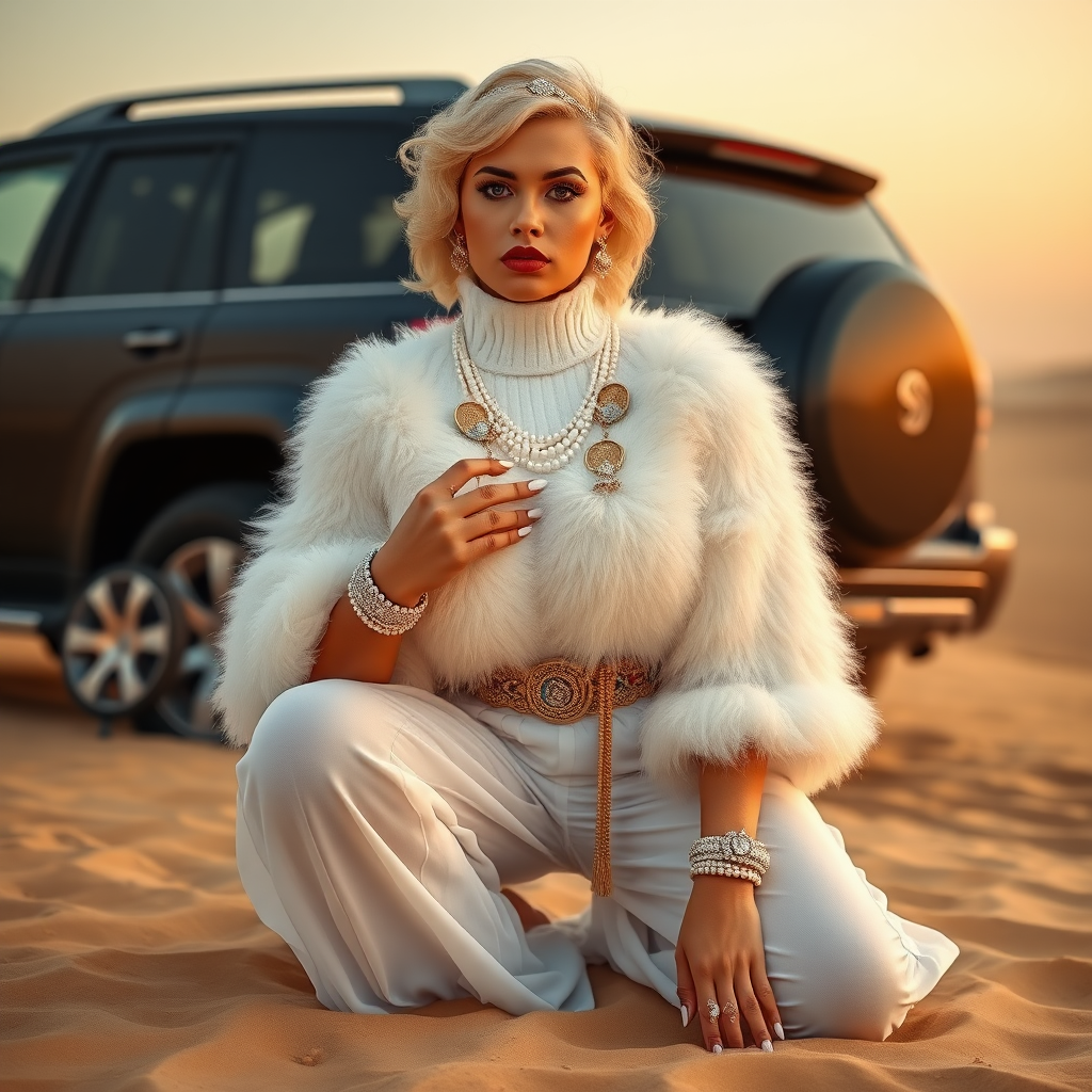 Kuwait desert dunes misty dawn, full size luxury SUV: Melissa, European 17 years old very convincing femboy “trophy-bimbo”, tamed servile docile, very beautiful feminine flawless face, rather short, by hormones very curvaceous womanly figured, platinum blond short tight curls, bold red lips, long white French nails, heavily made-up face, wearing Supertanya-style fluffy very fuzzy bright white angora turtleneck-poncho cropped ending under bust decorated with pearls and glass stones, striking oriental wide gold bridal protection belt, white fully transparent harem pants, full Oriental bridal jewelry including headpiece, nose-ring, coin wristlets, coin anklets, striking diamond “Bimbo” letter brooch on left chest, thick heavy pearl wristlets, pout frustrated, kneeling in sand in front of SUV, looking at camera. Focus on face and turtleneck-poncho.