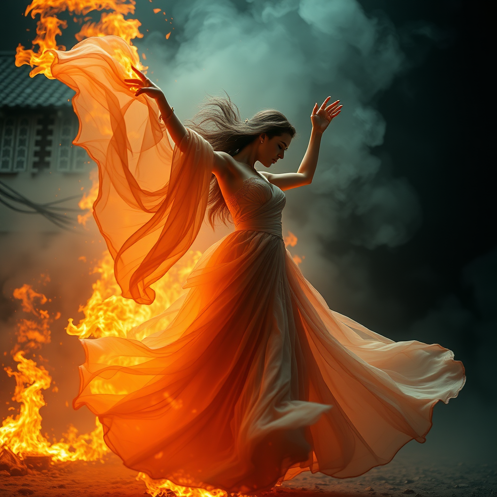 Woman dancing on fire, in the style of vray, textural photo, ghostly forms, meticulously crafted scene, supernatural, flowing fabrics