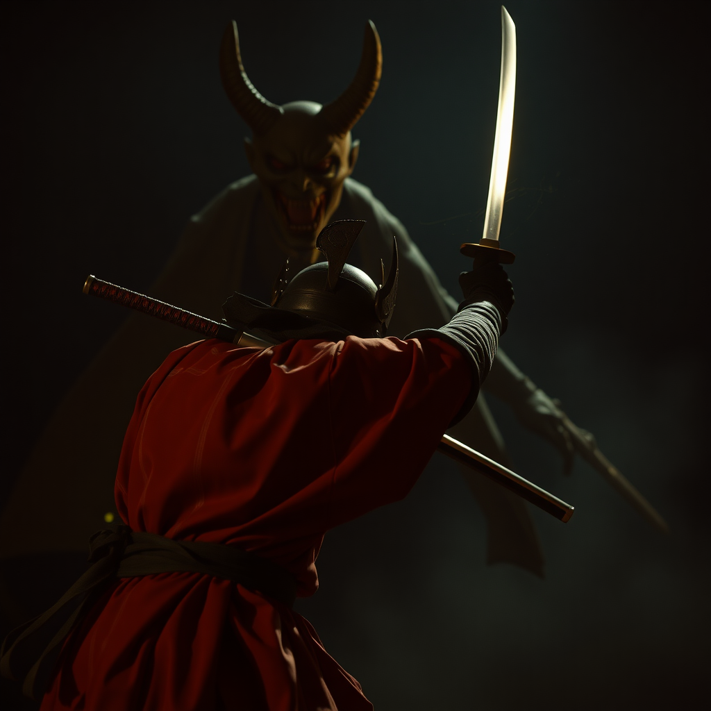 cinematic film still of A samurai with a katana attacks a demon in the dark night.