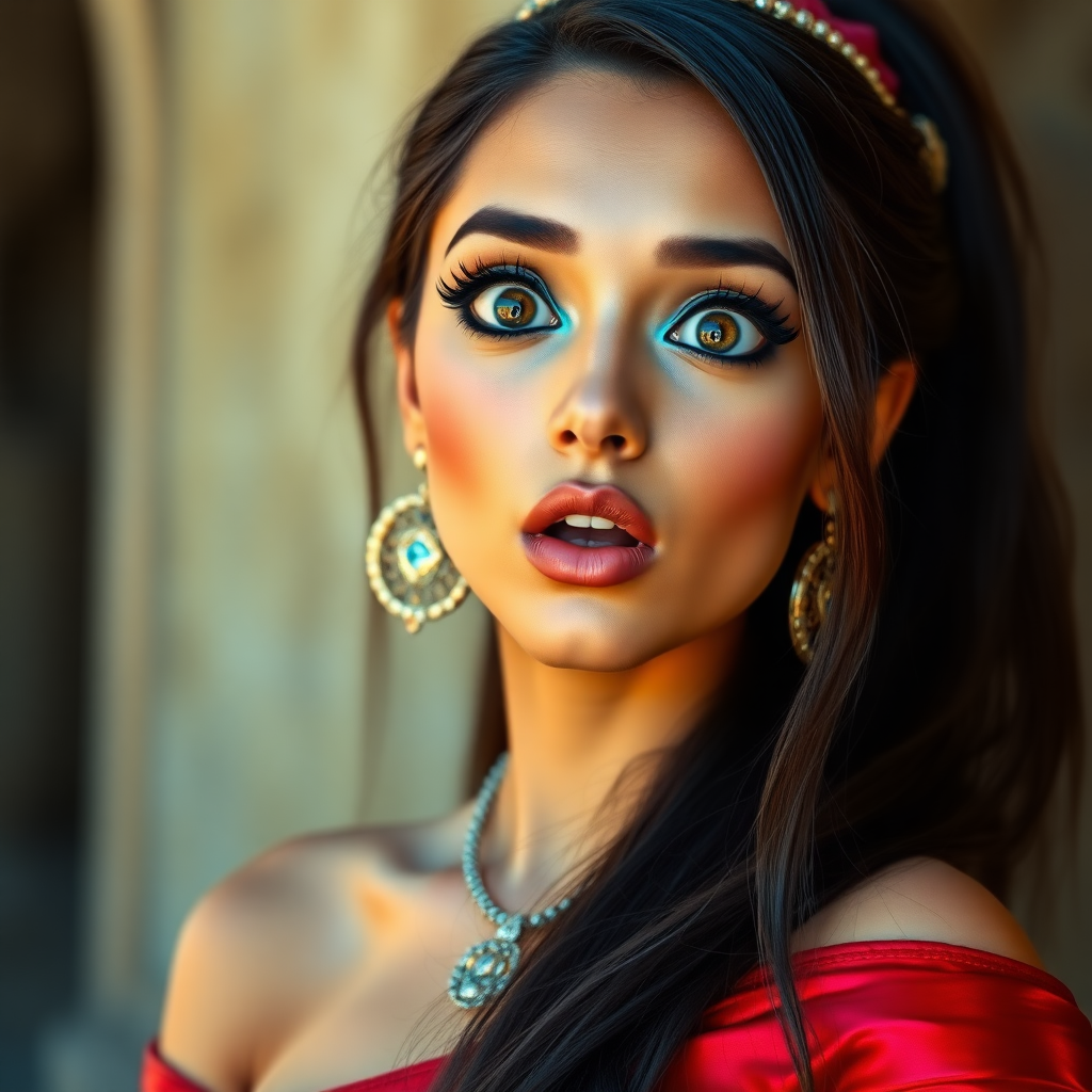 surprised Arabian girl with mouth open. She has very large eyes, black eyeshadow, black eyeliner, fake eyelashes, very tanned skin, very long hair. very high ponytail, princess jasmine, red off shoulder shinny crop top. photo realistic