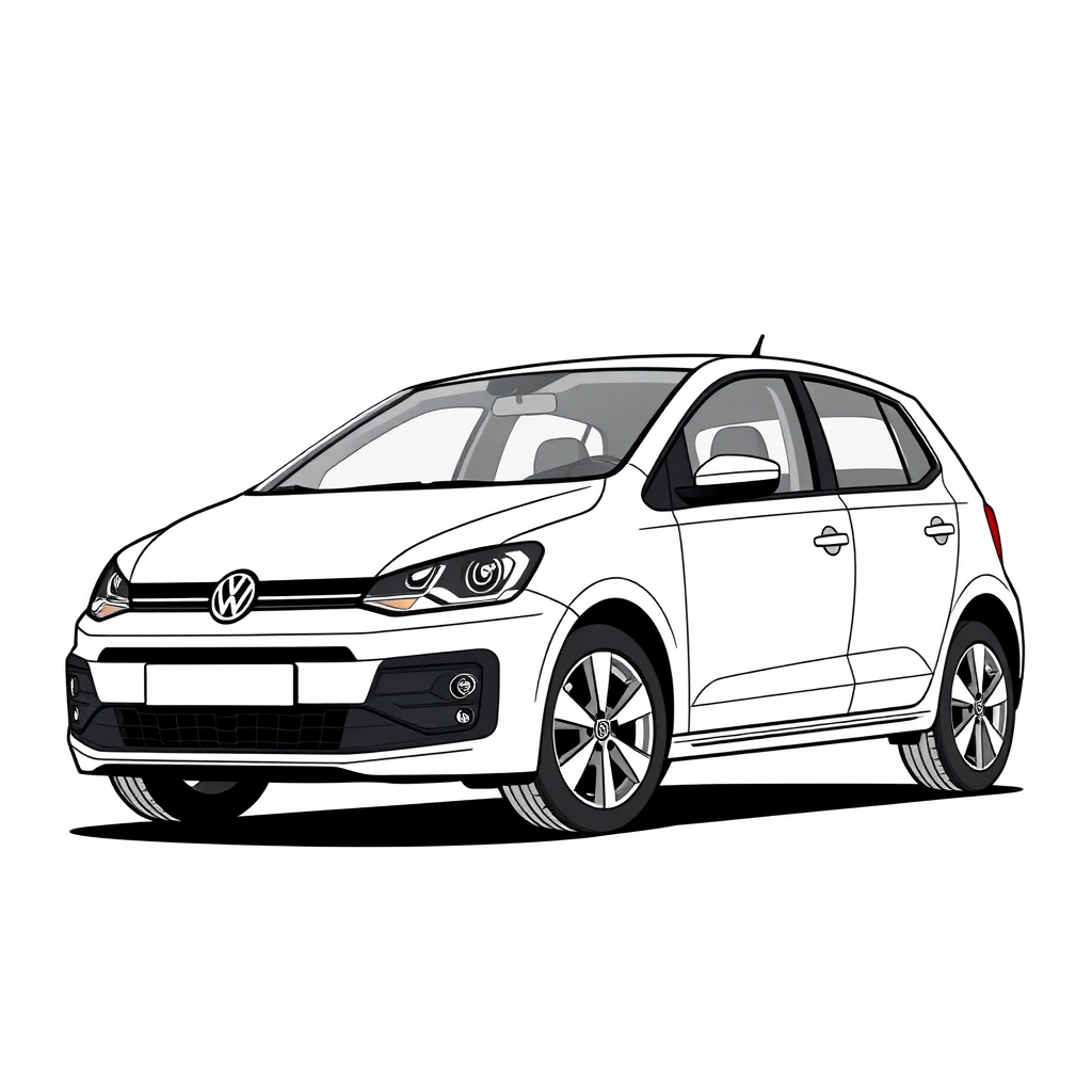 white vw polo V car, long establishing shot, 2D, caricature, cartoon, Sketch lines, coloring book, coloring book style on white background, well composed, clean coloring book page, No dither, no gradient, strong outline, No fill, No solids, vector illustration, realistic proportions, seen from the side