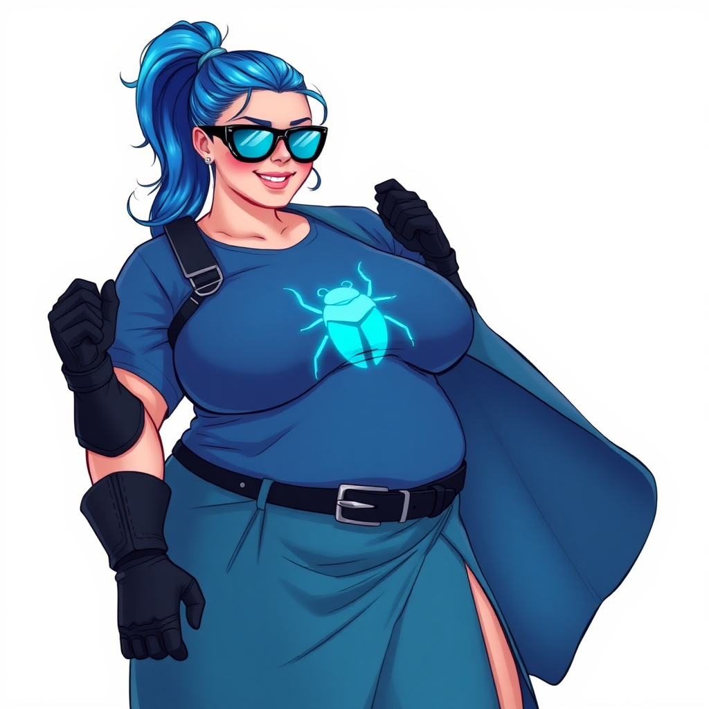 A 28-year-old, full-figured tech genius vigilante, she is the devoted girlfriend and nerdy sidekick of a cyberpunk vigilante. Her maximum blue ponytail and glowing sapphire eyes are striking features. Her prominent, round, large midsection, gigantic limbs, and broad shoulders define her full figure. As the loyal and supportive sidekick, she plays a crucial role in their missions, using her digital and technological prowess to assist and protect.

She wears an oversized maximum blue t-shirt with a glowing neon blue beetle chest icon, maximum turquoise skirt and cape, a black belt with a sapphire scarab beetle, and black high-tech shock gloves. Her neon red blush and lovestruck smile are ever-present. Her full-figure shows how pampered she is by her doting boyfriend. Her nerdiness is unmistakable, accentuated by her black oversized eyeglasses with maximum turquoise lensed HUD that functions as her eye mask. She serves as her boyfriend’s indispensable crime-fighting partner. She is drawn as if she was in a retro 2D cyberpunk fighting game.