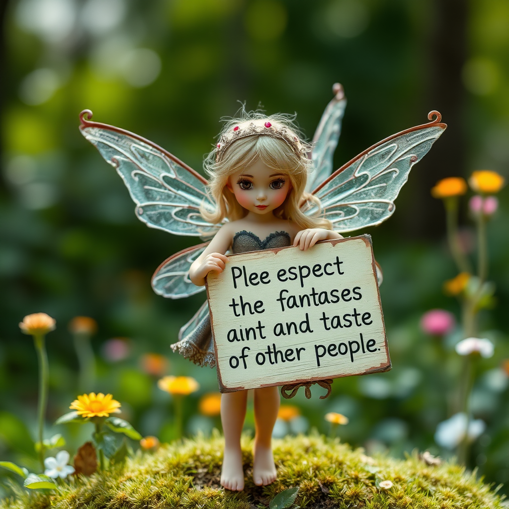 A fairy holds a sign "Please respect the fantasies and tastes of other people."