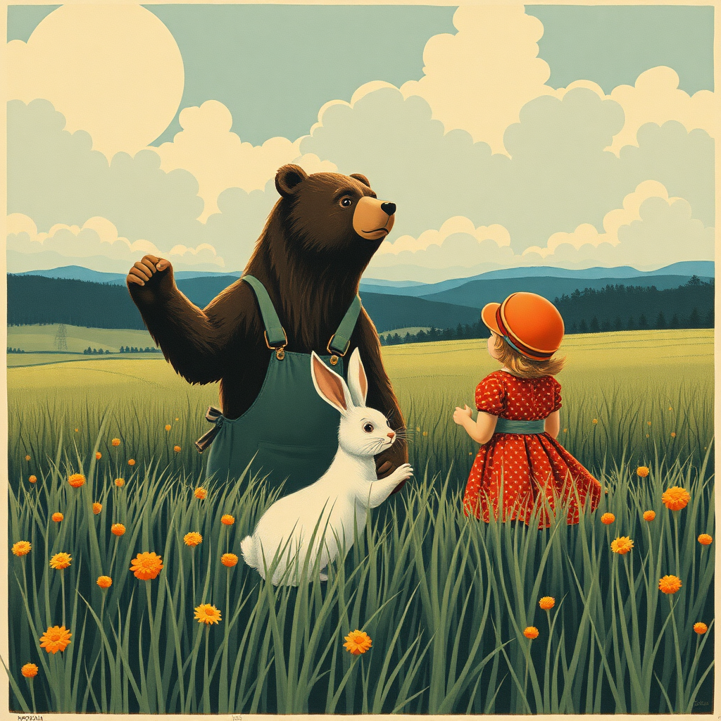 a big strong soviet poster USSR working girls bear and bunny in a field looking to the horizon but in the style of children's book's illustration