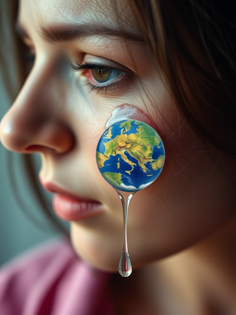 Create the following prom: A large single tear runs down a woman's cheek. In the drop you can see the earth with the continent of Europe. The tear comes out of the corner of her eye. The woman looks sad.