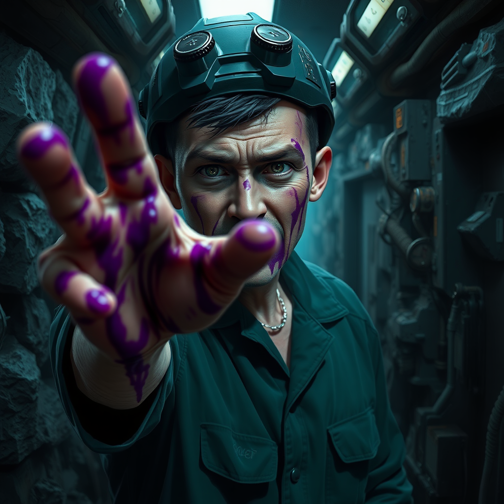 Cinematic sci-fi horror digital painting. Crew member approaching the viewer with one arm reaching out. Consciousless aggressive facial expression. Purple slime smears on face and hands. Dark rocky industrialized corridor.