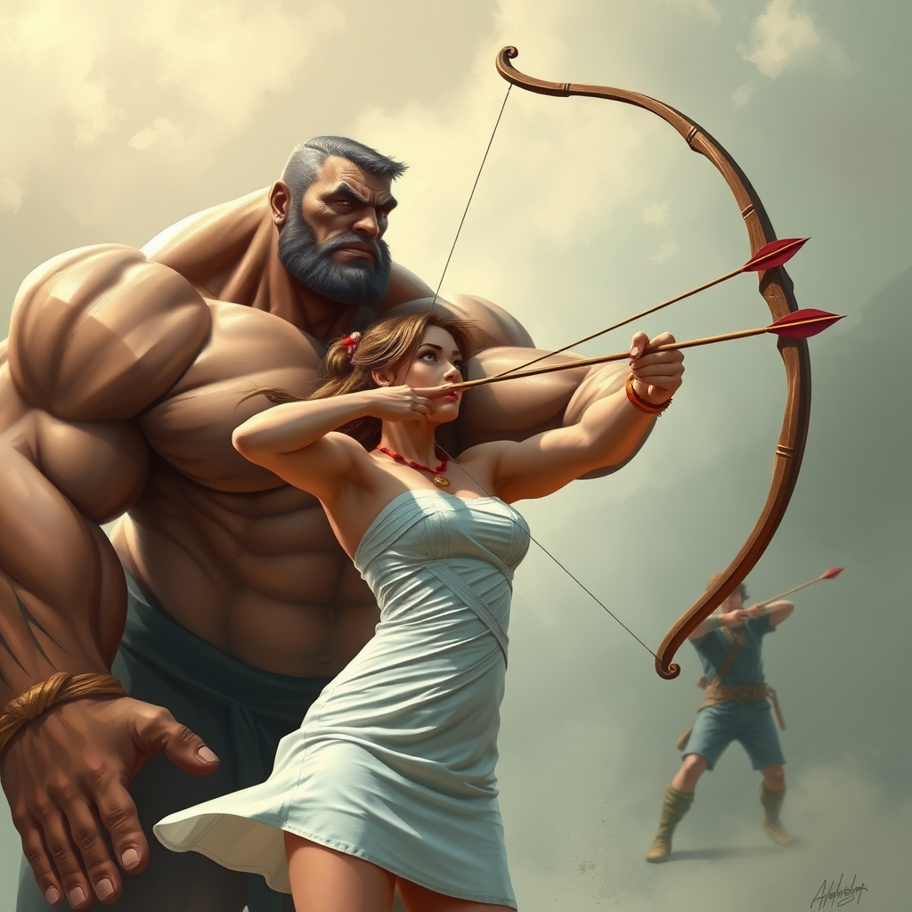 huge massive strong muscular bodybuilder girl, strapless dress, archer throwing arrows