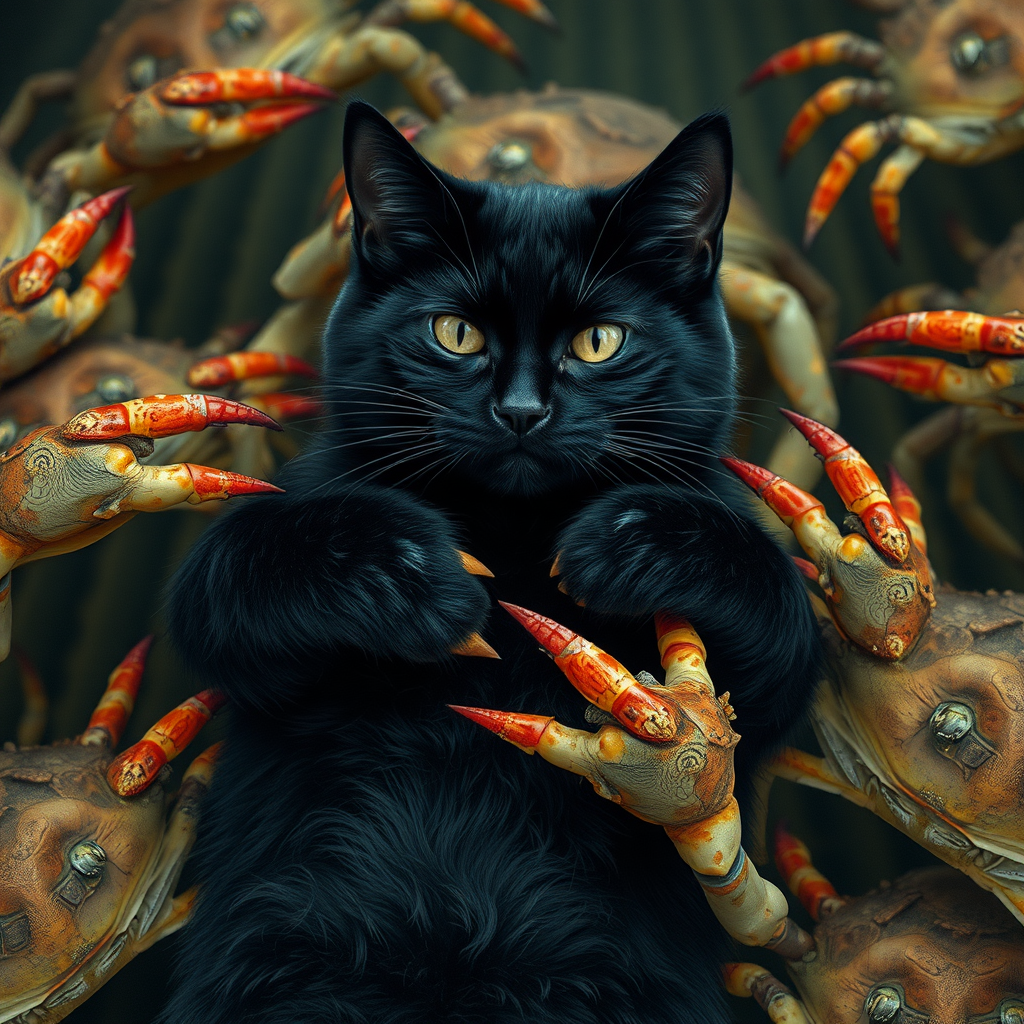 Lots of crabs holding a black cat in their claws