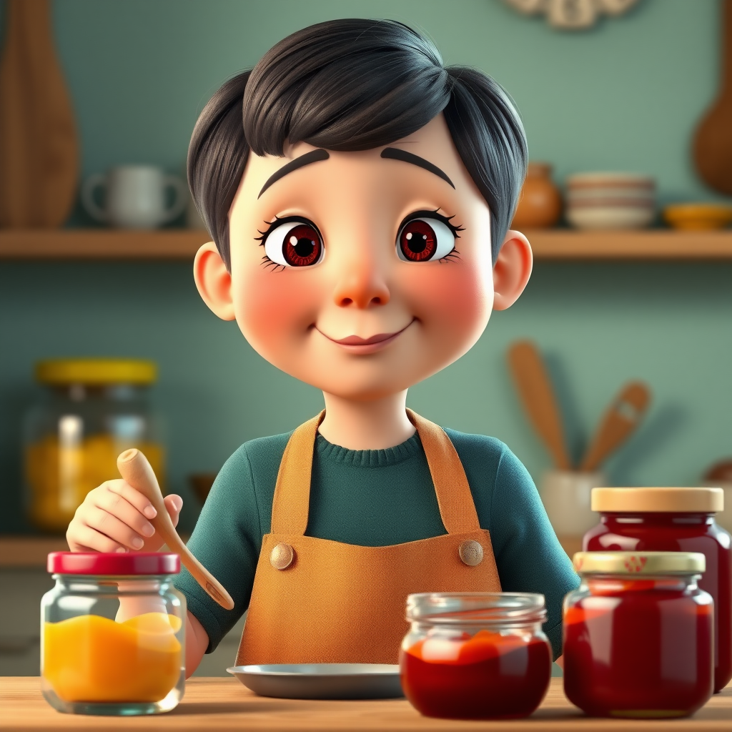 Create an image in Pixar style of a 35-year-old young woman with Down syndrome, which should be evident in the picture. She has a round face, small eyes, and a small nose, short hair, and her mouth is slightly open. She is making jams, and there are jars of jam next to her.