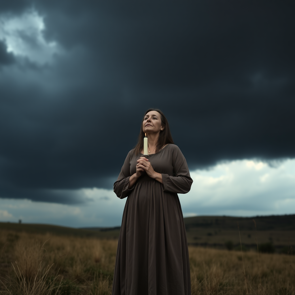 very cloudy black sky, in the Sardinian countryside, middle-aged sad woman, in a long dress, in prayer holding a candle