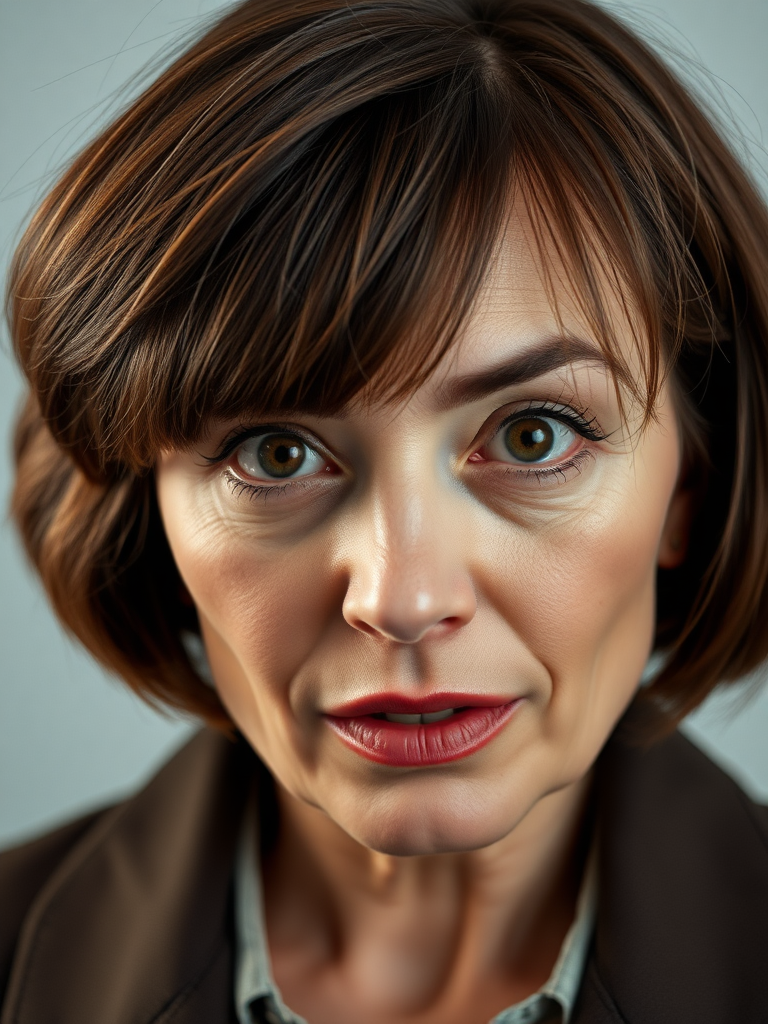 mature secretary, short brown bobcut, swept bang, brown piercing eyes, thick dark eyebrows, big nose, big mouth, big yellowish teeth, moles, skin imperfections, youthful, severe expression