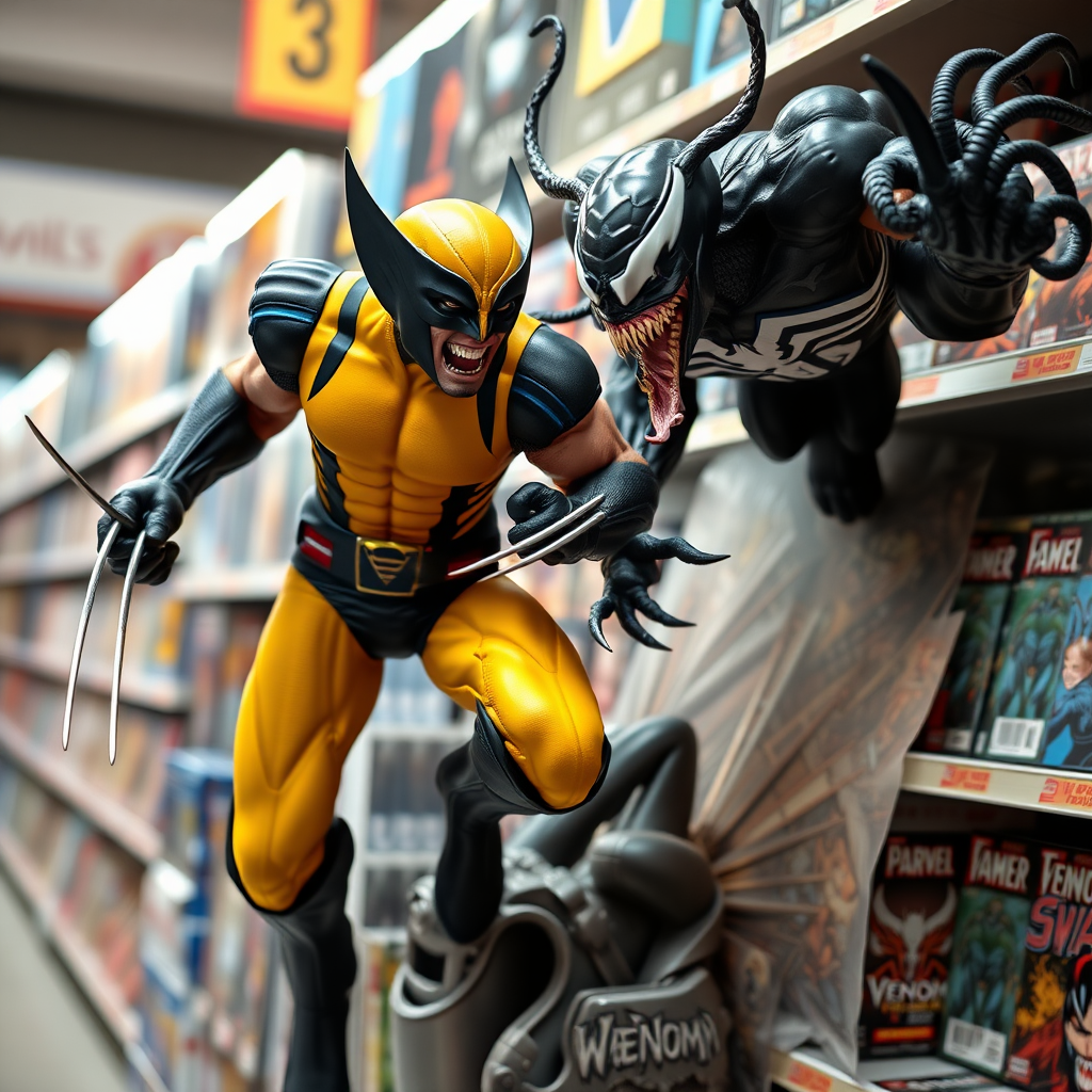 Jumping out of a Comic book cover on a store shelf is Wolverine and Venom with in Cinematic Real3D photo-realistic quality.