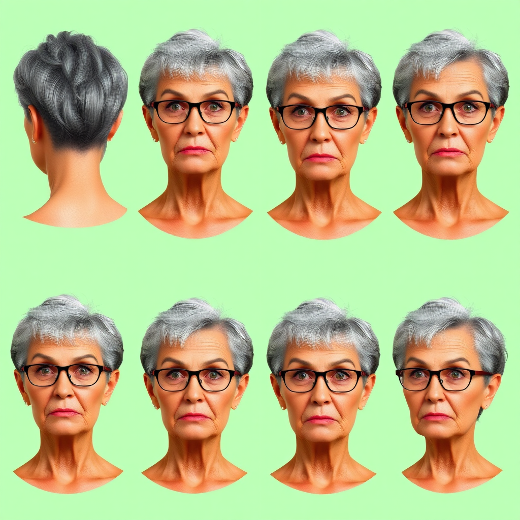 Photorealistic image of six headshots of a 50 Years old, fit, European, Latina, sharp aquiline nose, wrinkles, high cheekbones, Middle Eastern, Skinny, Tanned skin, Dark light skin, full Makeup, jewelry, Sharp nose, frowning, astonished, shocked, dark grey Ash hair, short bowl haircut, Brown eye color, Glasses, with detailed features. Each photo displays the same face in back, profile and front view, cut out and isolated on a green background. All six heads are visible side by side, empty space around each view, no overlapping.