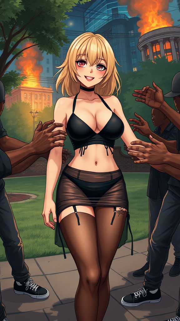 Anime art of a woman and hands of thug black-African rioters next to her touching and grabbing her all over, medium blonde hair, wicked smile, a black, sleeveless crop top that reveals the woman's falling-down black bra and a high-waisted, wicked smile, large breast, wearing a transparent ripped and pulled on mini skirt by guys that showcases her black thong underwear underneath. She is also wearing black sheer tights and black sneakers with white laces, in Park and 1 building on fire at night from riots background,