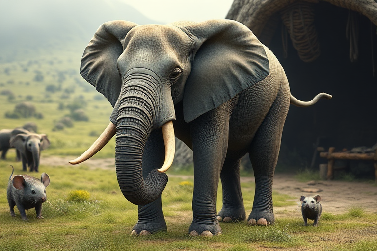 Create a full-length photorealistic image featuring an elephant that has the musculature and silhouette of a mouse. The elephant's head remains intact, complete with detailed facial features. Its skin retains the texture of an elephant while incorporating soft fur reminiscent of a mouse. The background blends elements inspired by both animals, showcasing a unique habitat, combining verdant grasslands and open spaces with hints of a cozy, burrow-like environment.