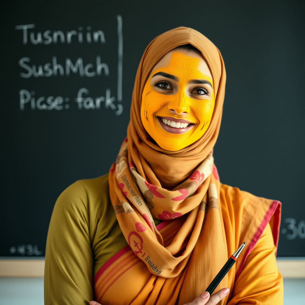 slim, 30 year old, sexy, french female school teacher, saree, scarf head, turmeric face mask. She is smiling and teaching on a blackboard