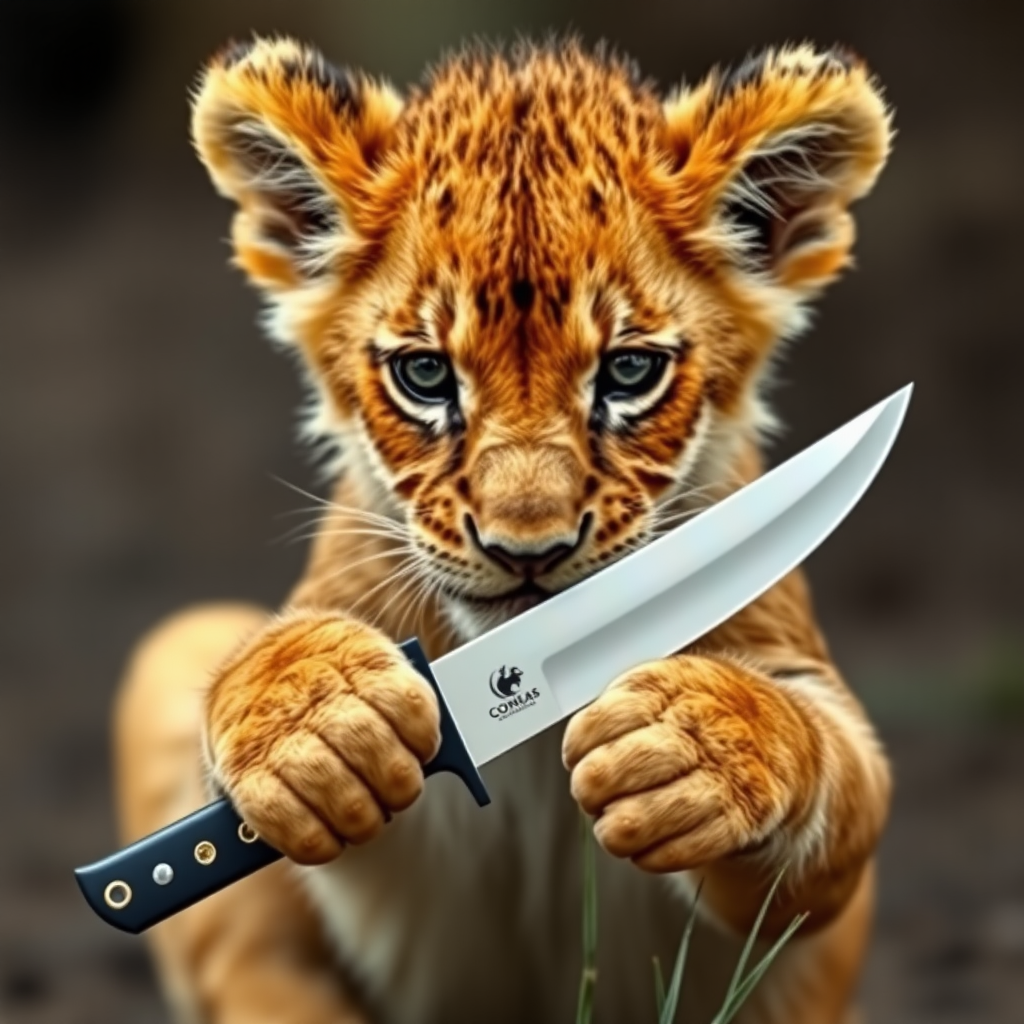 Lion cub holding a knife