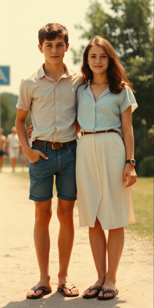 Vintage photo, 1980s. Hot summer. Yugoslavia. A tall skinny 13yo teen boy wearing short shirt, tight booty shorts, long legs, bare thighs. With a girl wearing shirt, long skirt. Full length view.