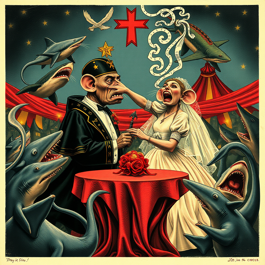 A rat wedding being attacked by sharks, Catholic, Soviet propaganda poster, steam punk, no text, Lovecraftian, in the circus