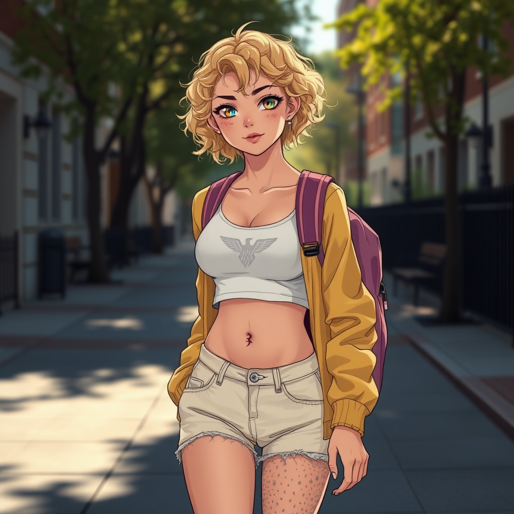 Ultra Realistic taken photo style image, Extremely good quality 8k resolution drawn manga image of a 15 year old petite and short tomboy girl with golden blonde curly hair with mixed and different colored eyes for each eye and moles on her entire body and is a white American girl, Has on a Gold Jacket over a white extremely short crop top only covering her breasts and nothing more with a design on it, and has on ripped shorts and cool looking sneakers and a deep and big cut type scar on her stomach from a huge injury she had, with a bright color backpack, ear piercings on, walking on the street to school in the morning with the beautiful sunlight lighting up her body beautifully.