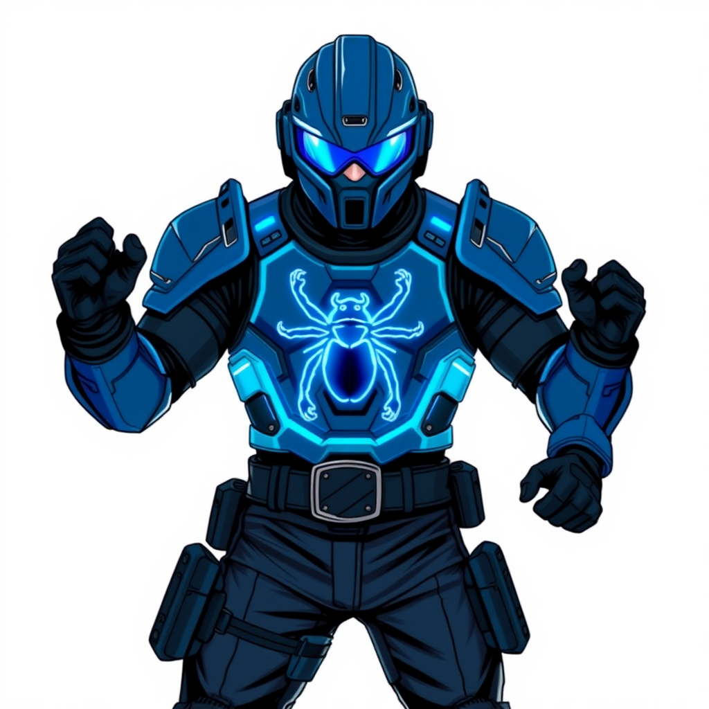 A young adult cyberpunk vigilante stands heroically, clad in high-tech, maximum blue body armor featuring a neon blue glowing beetle on the chest. They wear black biker pants, a black belt with a sapphire beetle buckle, and a helmet resembling a sleek, tactical design, but colored maximum blue with neon blue glowing lenses. Their hands are protected by black metal gloves, all set against a solid white background. He is drawn as if he was in a retro 2D cyberpunk fighting game.