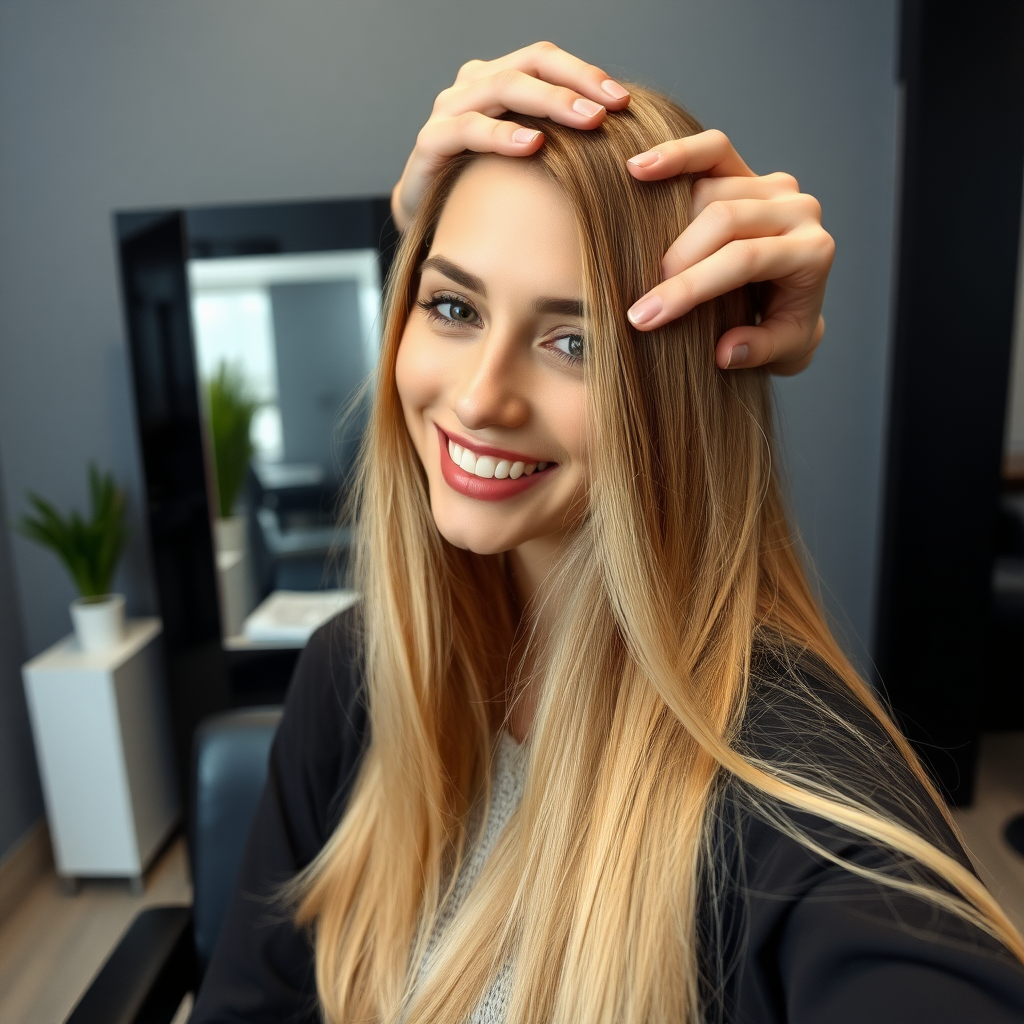 POV, beautiful very long haired blonde woman sitting in a hair salon smiling at the camera while I reach out from behind the camera to massage her scalp. My fingers are in her hair rubbing her scalp while her hair is covering my hands. Plain gray background.