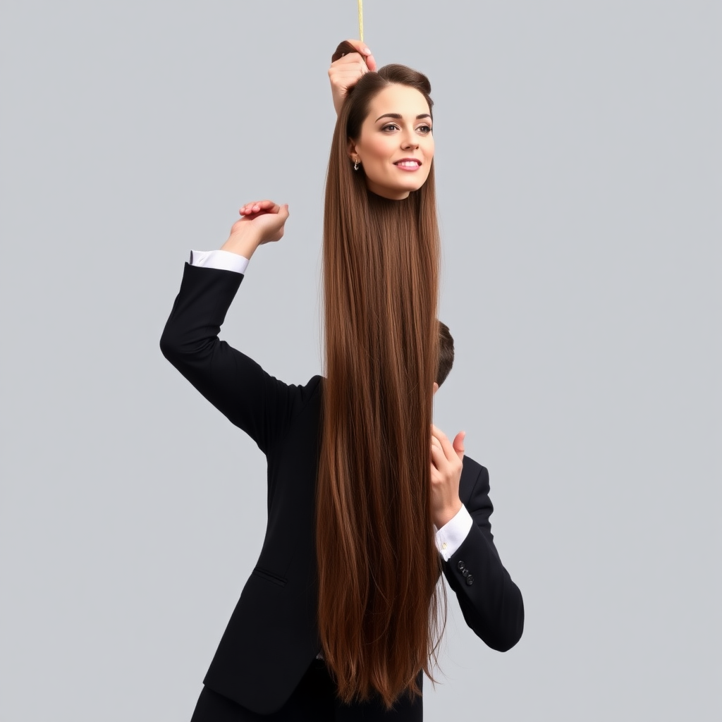 A surreal image of a smiling male magician holding up the disembodied head of a very long haired Kate Middleton. He is grabbing her very long hair and pulling it up high in the air, while her head is hanging by her hair from his grasp to display it to the camera. Plain gray background. He is kissing her on the lips.