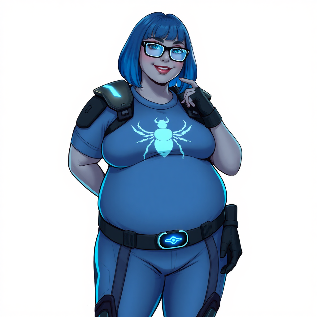 A 28-year-old, full-figured, metallic Middle Gray (N5) skinned, computer program hybrid with a maximum blue bob cut. She has a non-athletic, full-figured build, highlighted by a prominent, round, large midsection (with heavy emphasis on her belly). As the full-figured, nerdy, digital sidekick to her cyberpunk vigilante boyfriend, her metallic middle gray (N5) skin and maximum blue lipstick emphasize her digital nature. She wears a digital, computerized costume inspired by DC’s Carrie Kelly Robin, consisting of a huge, tight-fitting, maximum blue t-shirt with a neon blue glowing beetle chest icon, hi-tech shoulder pads with neon blue glowing accents, a black hi-tech belt with a digital neon blue glowing buckle, digital maximum blue pants with neon blue accents, and black hi-tech gloves with neon blue glowing accents. Her bright blue eyes, black eyeglasses with neon blue glowing lenses with a built-in HUD, and shy smile with neon red blush accentuate her nerdiness. She stands bashfully with one hand behind her back and the other hand gently touching her cheek, her costume covering all her skin and emphasizing her full-figured physique (especially her belly). She is clearly non-athletic, with a heavy focus on her large belly. Despite her build, she radiates beauty. She has a slim face compared to her physique, accentuating her radiant beauty. She is on a solid white background. She is drawn as if she were in a retro 2D cyberpunk fighting game.