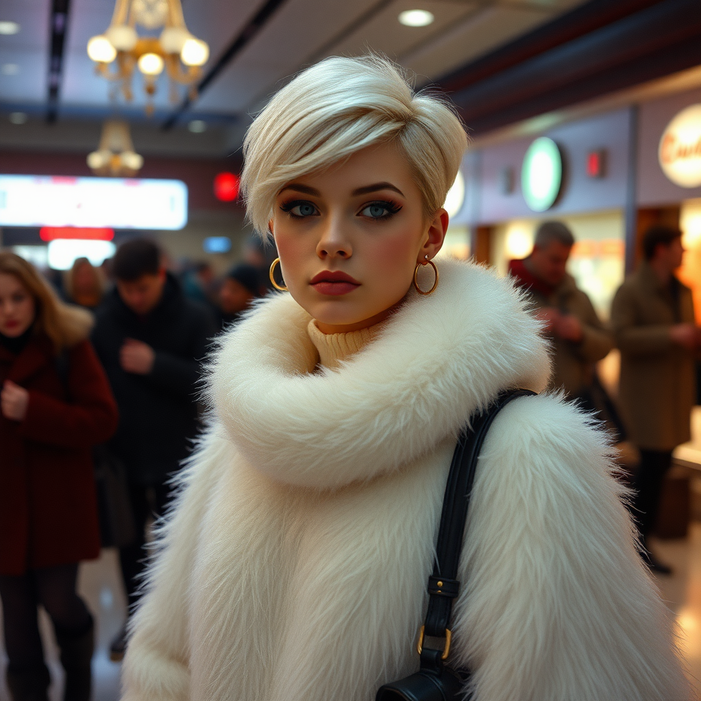 1990 winter evening, crowded cinema lobby: Sam, 19 years old beautiful involuntary femboy, rebellious intractable character, petite boyish figure, platinum blond boyish rebel punk hairstyle, flawless heavily made-up face with sharp arched tattooed eyebrows, wearing Supertanya-style fluffy very fuzzy bright white angora turtleneck-poncho fully covering body and arms, black leather high-heeled thigh-high boots, gold earrings, puzzled alarmed, black leather handbag, pout serious, impatiently waiting for her master. Focus on Sam’s face and turtleneck-poncho.