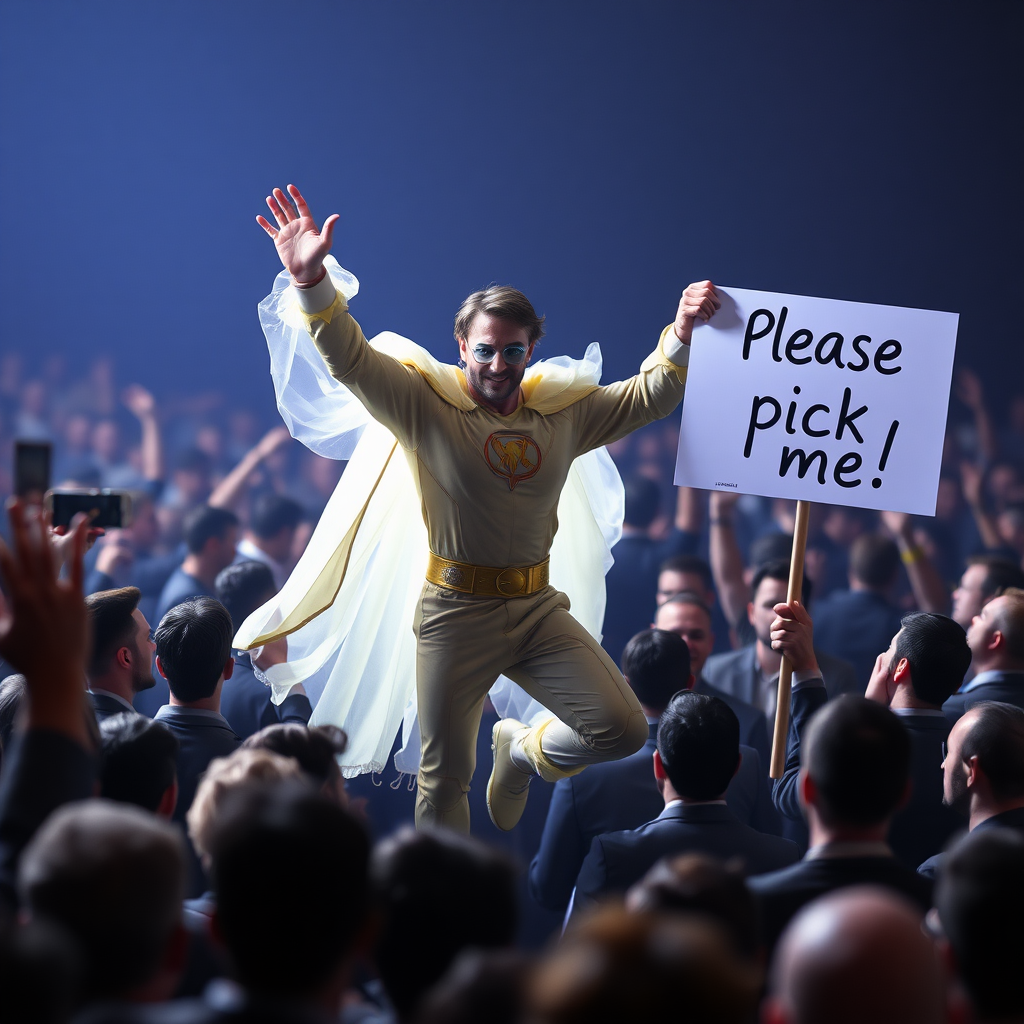 An ethereal mystic superhero eagerly jumps out of a crowd raising and waving his hand. His other hand holds a sign that reads "Please pick me!"