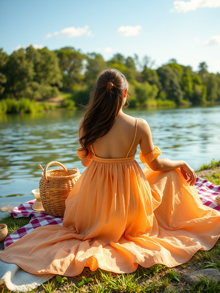 A woman in a flowing dress sitting by a serene river, enjoying a picnic on a sunny day, realistic photography, vibrant colors, soft natural lighting, high detail, peaceful atmosphere, canon photography style, 8k resolution, beautiful composition.