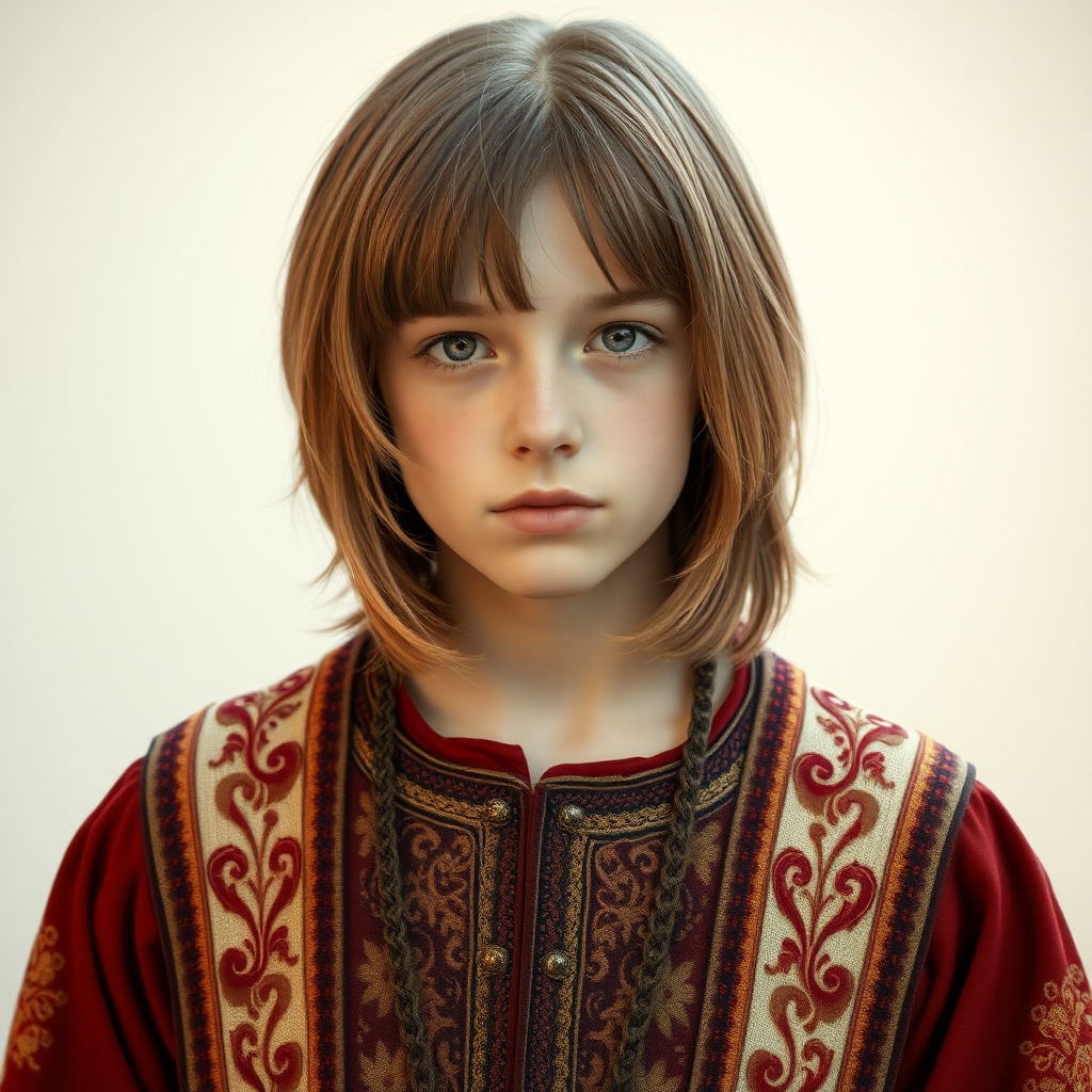 16yo teen boy, long bob cut, embroidered medieval cloths, 
ultra high resolution, 16K,