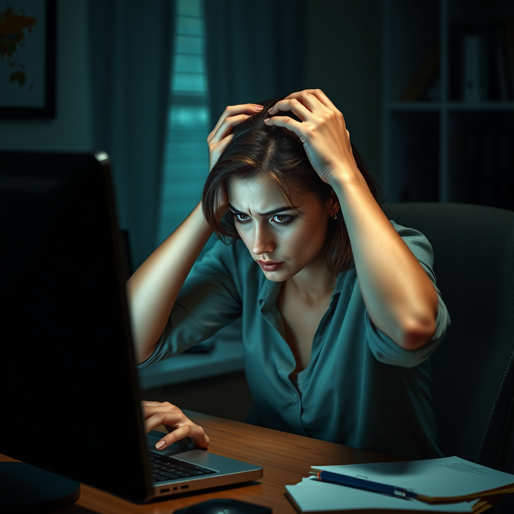 Create a realistic scene of a desperate pretty nice woman sitting in front of a computer. Her posture should reflect frustration, with her hands either on her face or gripping her head. Her surroundings are a typical home or office workspace, with dim lighting adding to the tense and stressful mood. The computer screen could show error messages, glitches, or something causing her distress. The woman’s expression should be a mix of anxiety, exhaustion, and despair, with subtle attention to facial details like furrowed brows or clenched jaws.