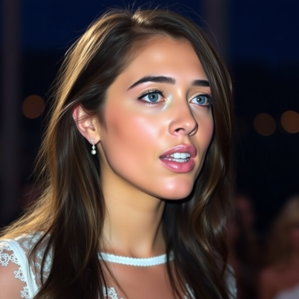 a young woman singing. she is looking like lucy thomas. long brunette hair with highlights, narrow pale blue eyes. suntanned skin. small lips with pale red lipstick. looking to the side. wearing a white dress with transparent lace. view from far. night sky in background. photo