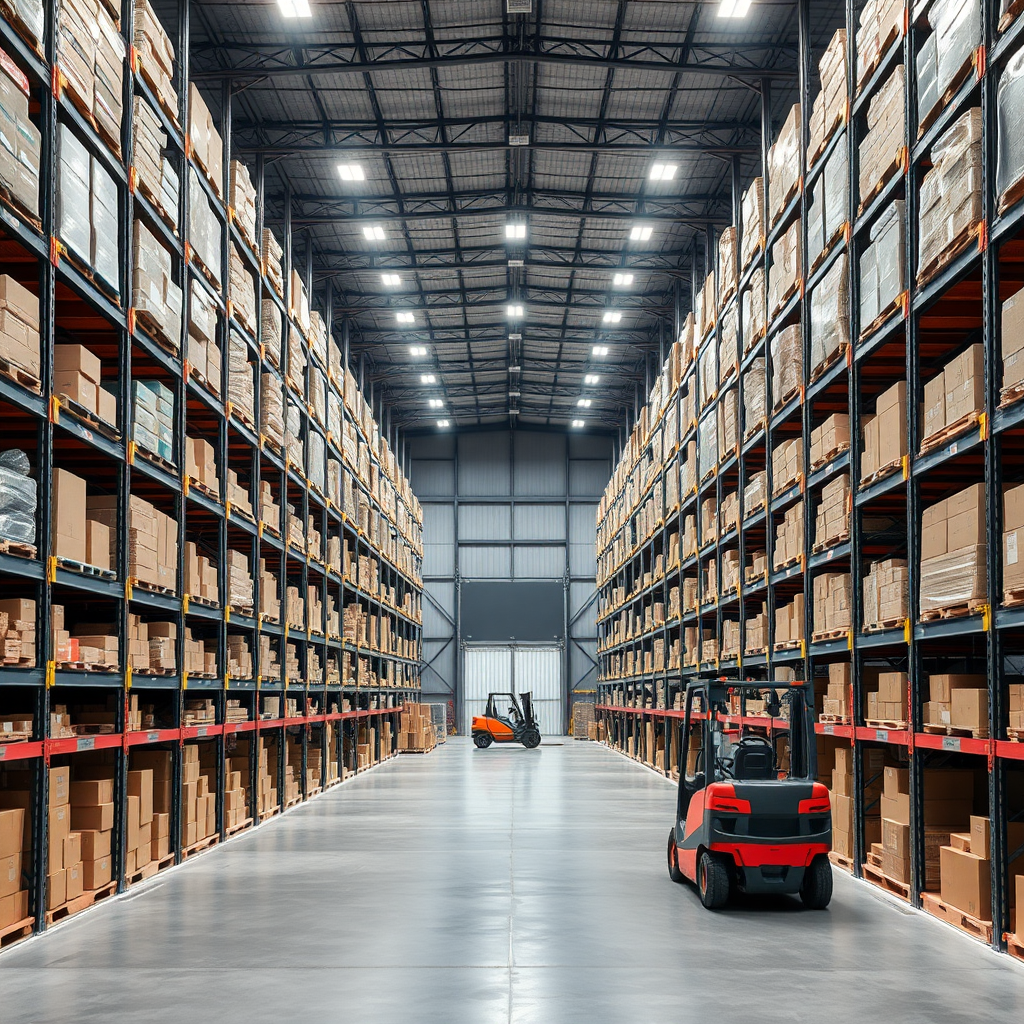 Create a high-resolution photo of a modern warehouse interior. The scene should include tall shelves filled with various boxes and products, a spacious layout with concrete pathways, and bright overhead lighting. Include a forklift without an operator and a partially open gate in the distance. The overall atmosphere should convey efficiency and organization, with a clean and professional look.