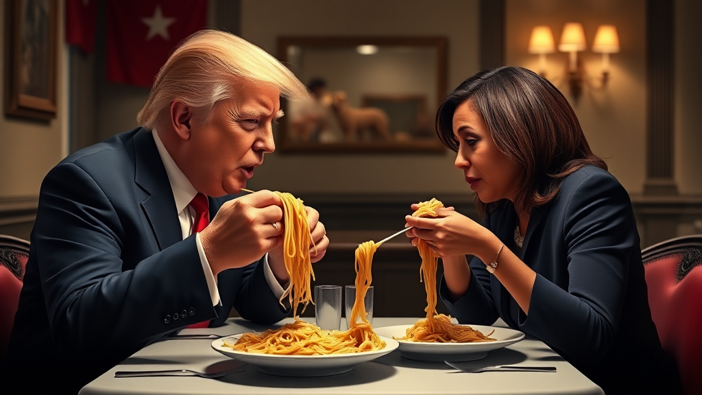 Photoreal style. ratio: 16:9. Donald Trump and Kamala Harris eating in an Italian restaurant a la the one in 'Lady and the Tramp.' Both humans are eating spaghetti from the same plate, only using their hands, and end up eating the same piece of spaghetti, making their heads meet.