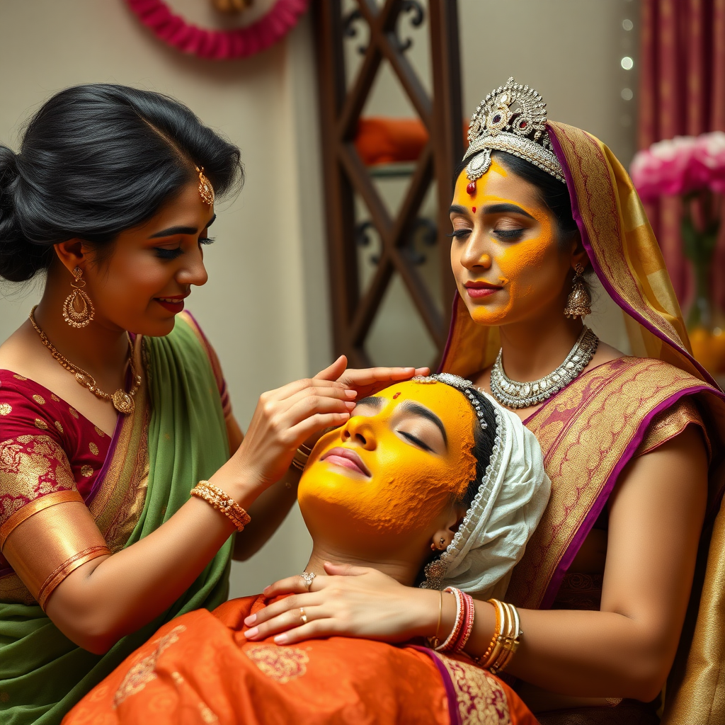 young british queen, working in beauty parlour, giving turmeric facial to rich, traditional indian wife