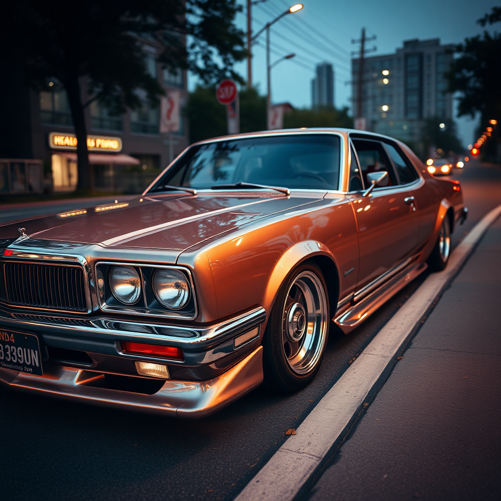 the car is parked on the side of the road, inspired by Taiyō Matsumoto, tumblr, restomod, nd4, c4 metallic shine classic american low rider car